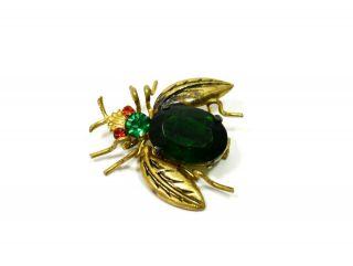 Vintage Signed Czech Green Rhinestone & Red Eye Figural Bee Bug Brooch
