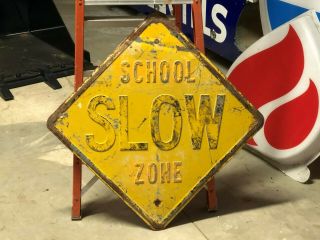 Vintage Slow School Zone Street Sign Yellow Heavy Embossed Steel Old