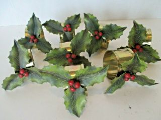 Vtg Holly Leaves Napkin Rings Red Berries Brass Metal Set 8 Gold Green Christmas