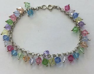 Vintage Sterling 925 Drop Multi Colored Crystal Beaded Bracelet 7.  5 " Fm38