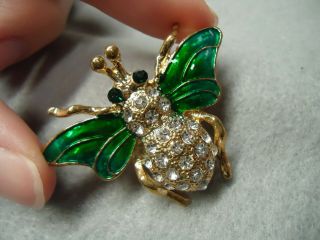 Vintage Sparkly Blue Green Enamel Clear Rhinestone Bee Fly Insect Brooch Pin