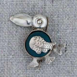 Vintage Mexican Sterling Silver Toucan Bird Jelly Belly Blue Stone Brooch Pin