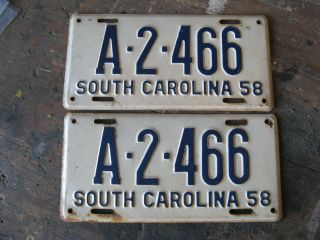 1958 58 South Carolina Sc License Plate A2466 Pair Set Hi Quality