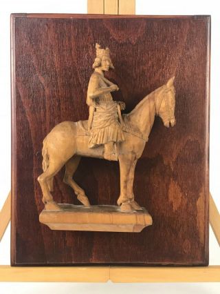 King On Horse Vintage Black Forest Germany Carved Wood Wall Art Plaque Relief