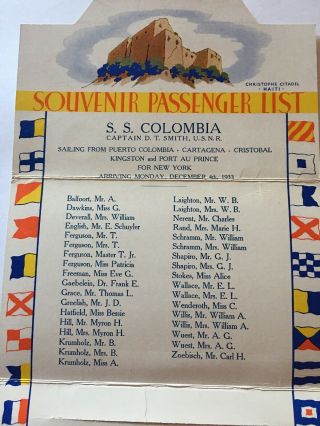 Vintage Ocean Liner Travel Ephemera Passenger List Postcard Ss Colombia 1933