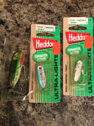 3 Vintage Heddon Tiny Teeny Torpedo Topwater Fishing Lures Great Colors Nos