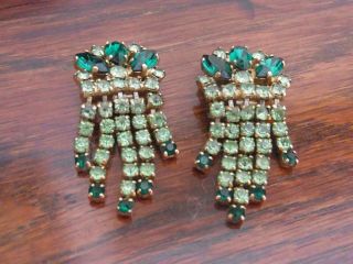 Cir 1940s/50s Drop Earrings Paste Green Stone Vintage Clip On Costume Earrings
