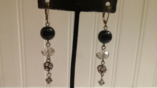 Vintage Bt Metal Clear Crystal Black Glass Drop Dangle Wire Pierced Earrings