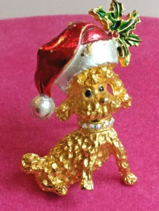 Vintage Signed Mylu Christmas Rhinestone Enamel Holly Puppy Dog Santa Hat Pin