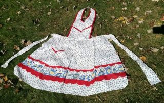 Vintage Bib Apron White With Blue And Red,  Spice Jars