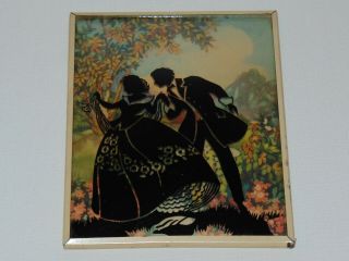 Vintage Antique Art Deco Reverse Painted On Glass Silhouette Picture & Frame