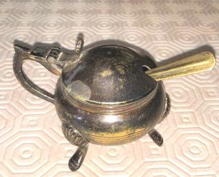 Silver Plated Mustard Pot With Blue Plastic Lining And Spoon Vintage