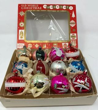 Box Of 12 Vintage Hand - Painted Christmas Ball Ornaments - Poland/polish