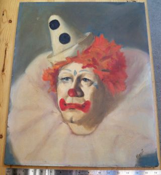 Vintage Clown Painting On Canvas Signed Margit 20 X 16 "