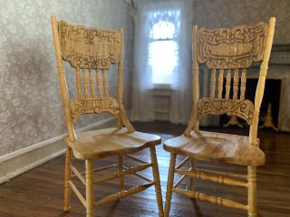 Miniature Dollhouse Artisan Wood Carved Farm Chairs Pair Retro Or Farmstyle