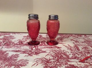 Vintage Pink Glass Salt And Pepper Shakers Set Metal Caps Lids