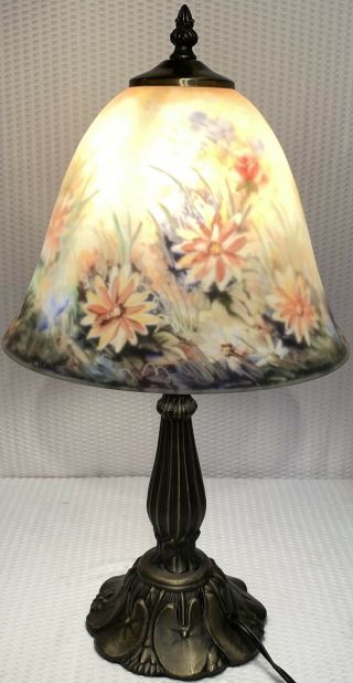 19” Vintage Reverse Hand Painted Floral Lamp With Glass Shade And Bronze Base