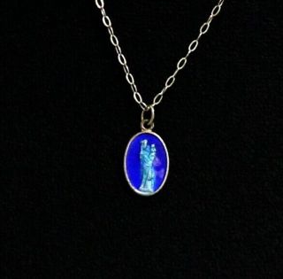 Vintage Blue Enamel Silver Our Lady Of Paris Medal & 16 " Trace Chain Necklace