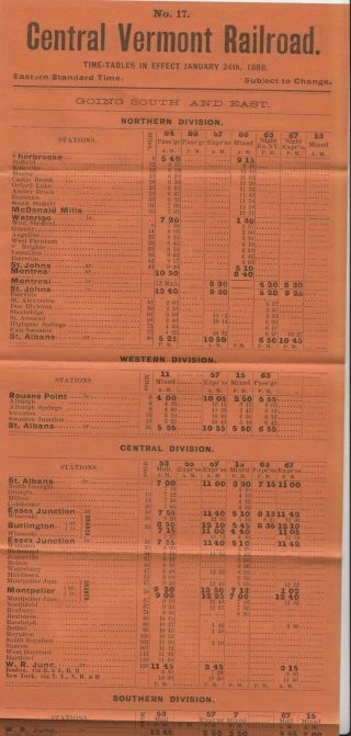 Timetables of Central Vermont Railroad 1886 Green Mountain Route 3