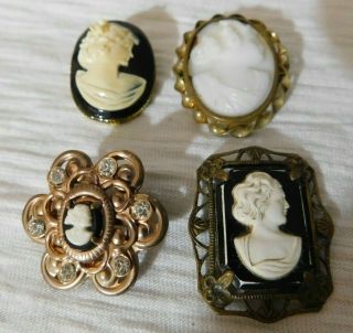 Set Of 4 Vintage Antique Faux Cameo Brooch Pins Black And White,  Framed