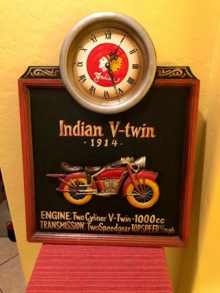Mancave Indian Motorcycle “v - Twin 1914” 3d Wall Clock.  See Details.