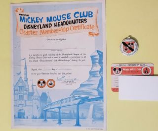 Vintage 1963 Disney Mickey Mouse Club Membership Certificate,  Card,  Metal Badge