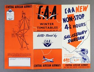 Central African Airways Caa Airline Timetable April - September 1954 Route Map