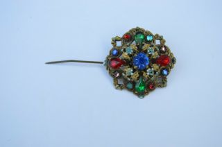 Antique Hand Painted Enamel And Stones Small Pin Brooch