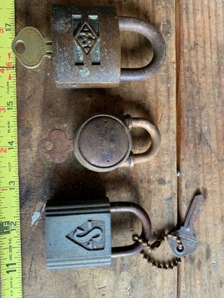 3 Vintage Antique Locks W/keys