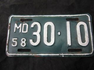 1958 Maryland Motorcycle License Plate Yom Md 30:10 