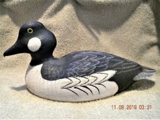 Large Hand Carved And Painted Golden Eye Solid Wood Decorative Duck Decoy Signed