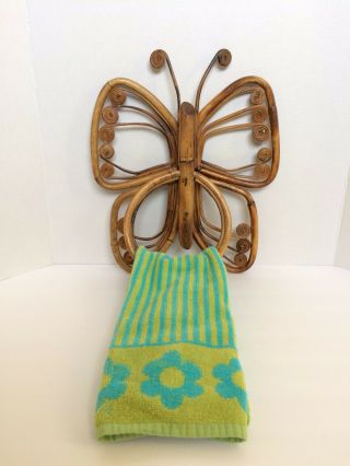 Vtg 70s Wicker Towel Holder Butterfly 60s Midcentury Teak Kitchen Decor Tropical