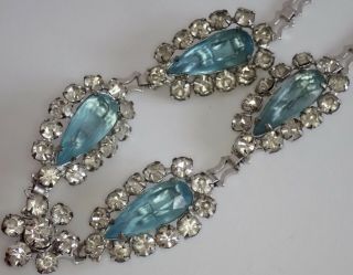Vintage Rhodium Plate Aqua Blue Crystal Rhinestone Collar Necklace