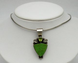 Vintage Sterling Silver & Green Turquoise & Peridot Pendant W/chain 18 "