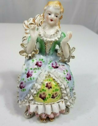 Vintage Porcelain Figurine Made In Japan Victorian Dressed Girl In Chair 9 - 76