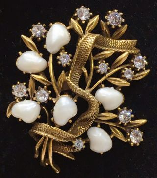Vintage Coro Brooch Pin Signed Rhinestone Flower Leaves Costume Jewelry Lpt B