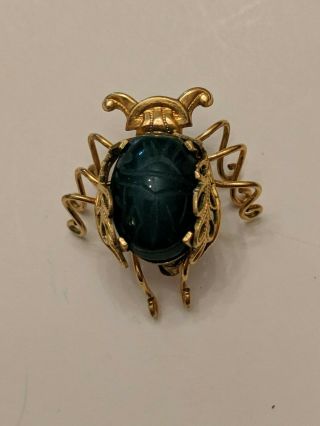 Vintage Winard Gold Fill Pin Scarab Beetle Brooch Green Jade Insect Bug