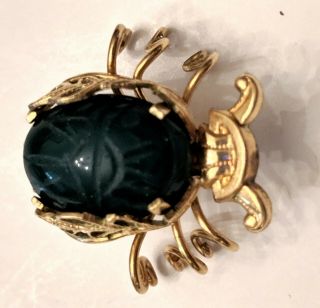 Vintage Winard Gold Fill Pin Scarab Beetle Brooch Green Jade Insect Bug 2