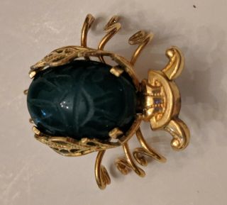 Vintage Winard Gold Fill Pin Scarab Beetle Brooch Green Jade Insect Bug 3