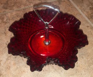 Vintage Fenton Ruby Red Amberina Hobnail Handled Ruffled Candy Bonbon Dish 8 "