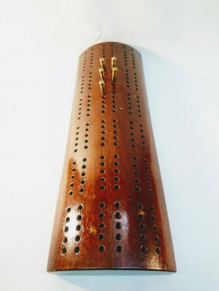 Vintage Gorgeous Dark Wood Rounded Cribbage Board Solid Wood With Brass Pegs