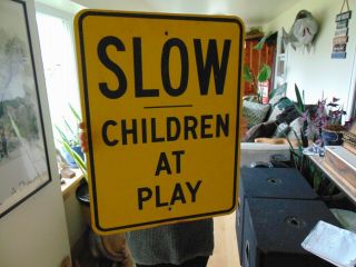 Vintage Metal Slow Children At Play Sign Auto Road Transportation 24 " X 18 "