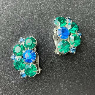 Vintage Sapphire Blue Emerald Green Rhinestone Silver Tone Clip Earrings 316