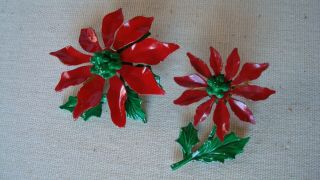 Two Vintage Red & Green Enameled Poinsettia Christmas Broochs Pins