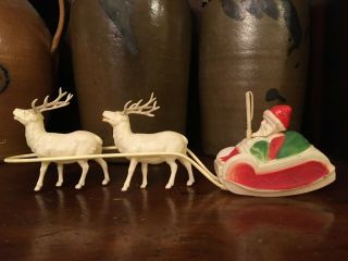 Vintage Celluloid Santa Claus In Sleigh With 2 Reindeer