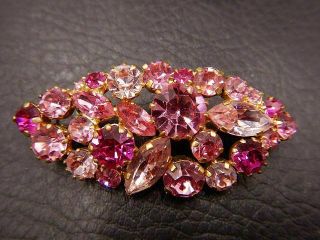 Vintage Brooch Signed Made In Austria Marquise Shape Shades Of Pink Rhinestones