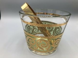 Vintage Culver Toledo Ice Bucket & Tongs Green Swirl Scroll 22k Gold Trim