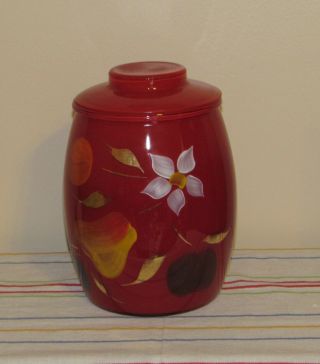 Vtg Bartlett - Collins Red Glass Cookie Jar With Lid Fruit And Flower Very Pretty
