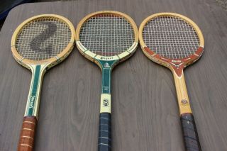 Three Vintage Wooden Tennis Rackets Spalding Davis Regent