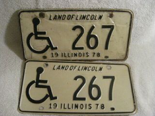 Pair Vintage 1978 Illinois Handicap License Plate 267 Land Of Lincoln Low Number